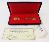 Replica in 18ct gold of stamps to commemorate the 700th anniversary of Parliament, 57g approx.,