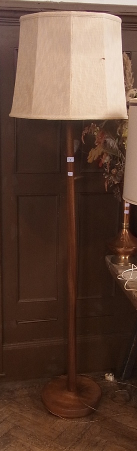 Mid-twentieth century wooden standard lamp, with hessian shade