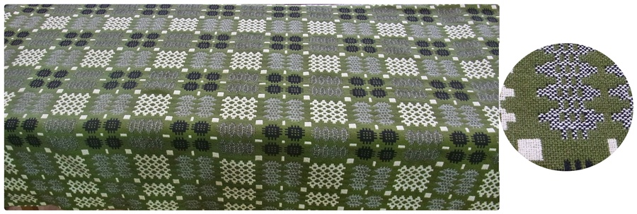 A contemporary Welsh weave rug, green orange and red pattern, together with another rug, green,