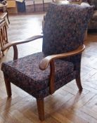 20th century stained beech open armchair with geometric upholstery and cushion, on straight supports