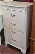 Modern white painted chest of four short drawers, with gilt metal handles on bracket feet, 50cm wide