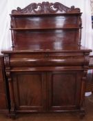 William IV mahogany chiffonier secretaire, the raised back with single shelf carved scroll swan-neck