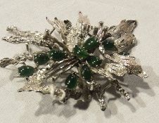 18ct white gold and jade brooch, of organic spray form, set with oval cabochon stones, 10.5g total