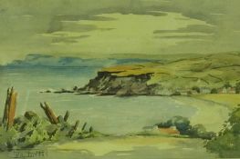 Watercolour drawing 
F.J.A. Potter
Coastal view together with 
Print 
Azure Tit and 
Watercolour