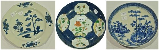 Oriental blue and white plate decorated with pagoda, another, red, blue and white plate, decorated