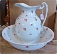 Edwardian ewer and basin, pink rose transfer on white ground