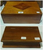 A rectangular oak games box, containing playing cards, cribbage board etc and another wooden box