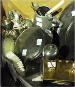 Various metal and silverplate pewter items, including a dressing table set, pewter dish, pewter