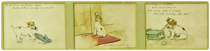 Watercolour drawing 
Unattributed 
Three studies of  Jack Russell puppy with slipper, sat on a mat