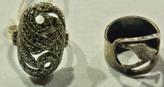 Marcasite ring, white metal oval pendant, and another small silver ring, boxed (3)