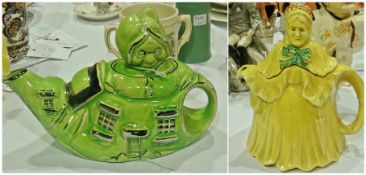 Lingard novelty teapot, of old lady in a shoe, in green and another "Little Old Lady", reg. no.