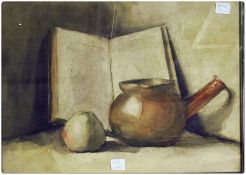 Four watercolour drawings 
Still-life studies of fruit, bottles, goblets and other objects