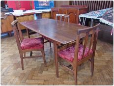 Set of three G-Plan style dining chairs, with open splat backs, upholstered seats on tapered legs