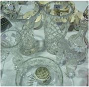 Collection of cut glass, including two vases, a decanter, a fruit bowl, a posy vase, a liqueur