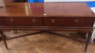 Georgian inlaid mahogany square piano sideboard, having two frieze drawers with brass ring