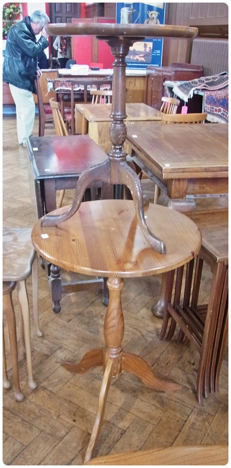 A Georgian style mahogany tripod table with moulded wavy edge top, together with a circular top pine