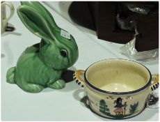 Quimper earthenware two-handled bowl, RG 349 to base and a Sylvac style green rabbit (2)