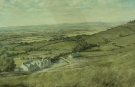 Oil on canvas
Victor F Webb 
"The Malvens from Cleeve Hill", signed and labelled to reverse and