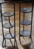 An oak three tier folding cake stand and another in mahogany