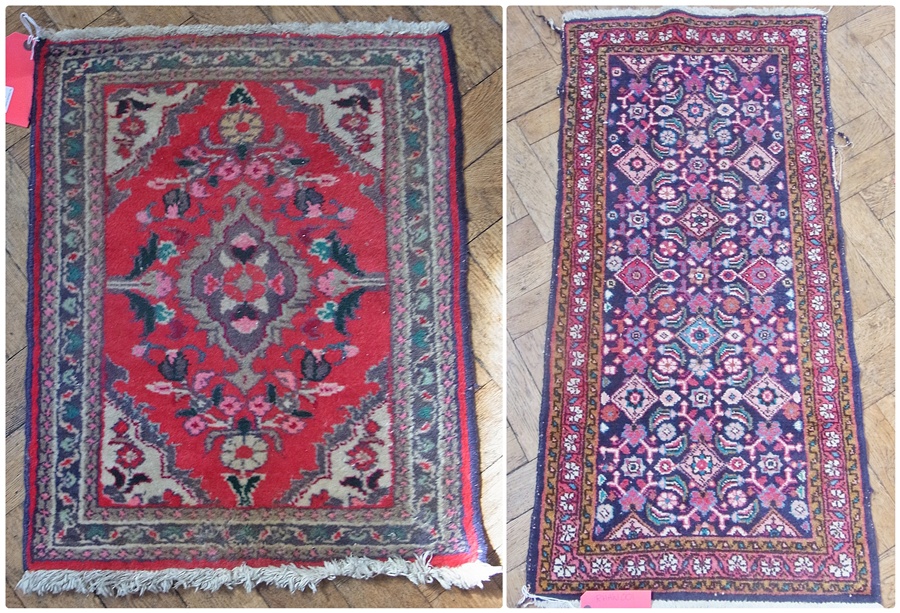 Small Persian style wool rug from Iran, floral decorated on a dark blue ground, 128 x 59cm and