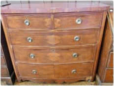 Mahogany veneered bowfront chest of two short and three long cockbeaded drawers with brass hoop