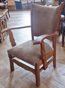 Pair 20th century Dutch (?) oak beige upholstered armchairs