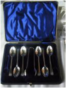 Set of silverplate coffee bean spoons, cased, silver seven-piece coffee spoon set, cased, set of six