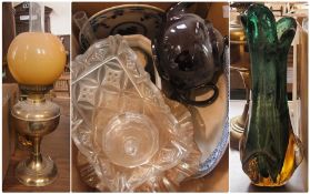 Assorted glassware, including carnival glass, teapot, planter, brass paraffin lamp, and a studio