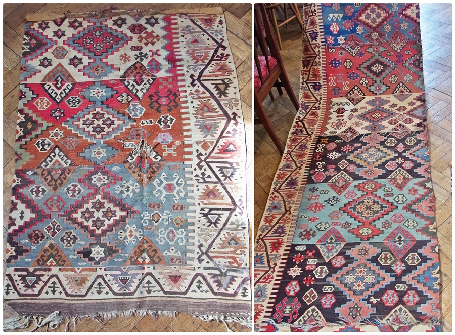 Kelim runner, geometric stepped lozenge decorated in bright colours, 89 x 225cm, and another,