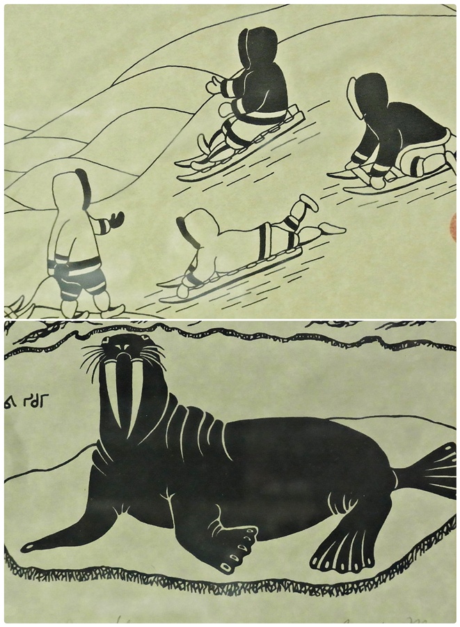 Ten Inuit black and white block style prints depicting figures, walruses, fishing, polar bears and