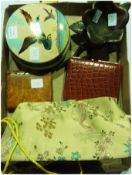 Collection of small items to include button boxes, brass petal dish and a bag of new pence coins