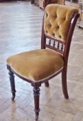 Pair Edwardian mahogany dining chairs with stuffover seat, padded back on castors