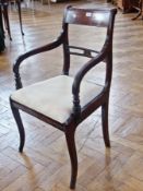 Regency style mahogany dining chair, slatback with cream upholstered seat