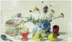 Watercolour drawing 
P.A. Wright 
Still-life study of flowers, jug and lemons