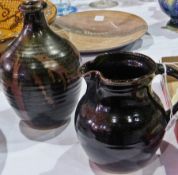 Winchcombe pottery brown glazed jug and similar style lamp base, ovoid and tapered