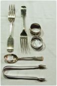 Pair silver "Fiddle" pattern dinner forks, Dublin 1953, pair silver sugar tongs, "Fiddle" pattern