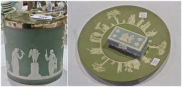 Wedgwood green and white stoneware biscuit barrel, classical decorated with silverplated mounts,