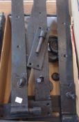 Cast iron door gate hinges, and cast iron weights (1 box)