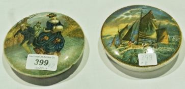 Pot lid depicting Victorian figures skating and another fisherman (both af)