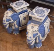 Pair oriental pottery elephant garden seats, decorated in blue and cream (2)