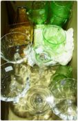 1930s amber glass vase, three large champagnes, green glass cups and saucers and various other