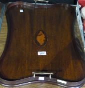 An Edwardian mahogany tray, with twin brass handles and a satinwood shell inlay, together with a