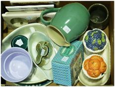 Quantity of decorative ceramics to include:- Denby stoneware jug, assorted tiles and other items (