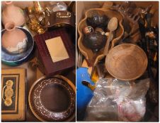 Leather collar box, jewellery box, petty cash tin, brass ornaments, wooden items etc. (2 boxes)