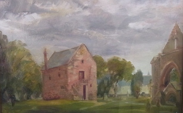 Oil on canvas
Lawrie (1982)
Ruined church, disused graveyard and barn, signed, framed, 40 x 39cm
