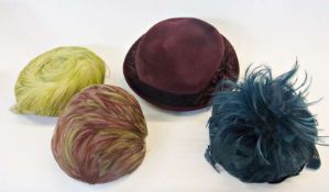 A Philip Treacy maroon felt hat with feathered decoration, and three vintage feather hats (1 box)