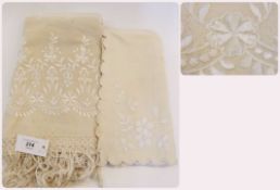 A cream woollen embroidered baby's shawl, with deep fringe together with a woollen blanket with