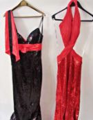 Red sequin and chiffon evening gown by Sherri Hill, and a black sequinned and red long evening gown,