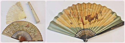 Oriental lacquer and European decorated paper folding fan, painted with lakeside castle and flowers,