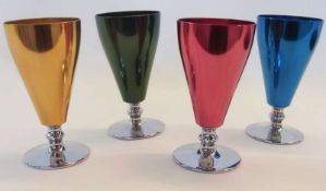 Twentieth century metal wine goblets, fiestaware, red, orange, blue and green on silver-coloured